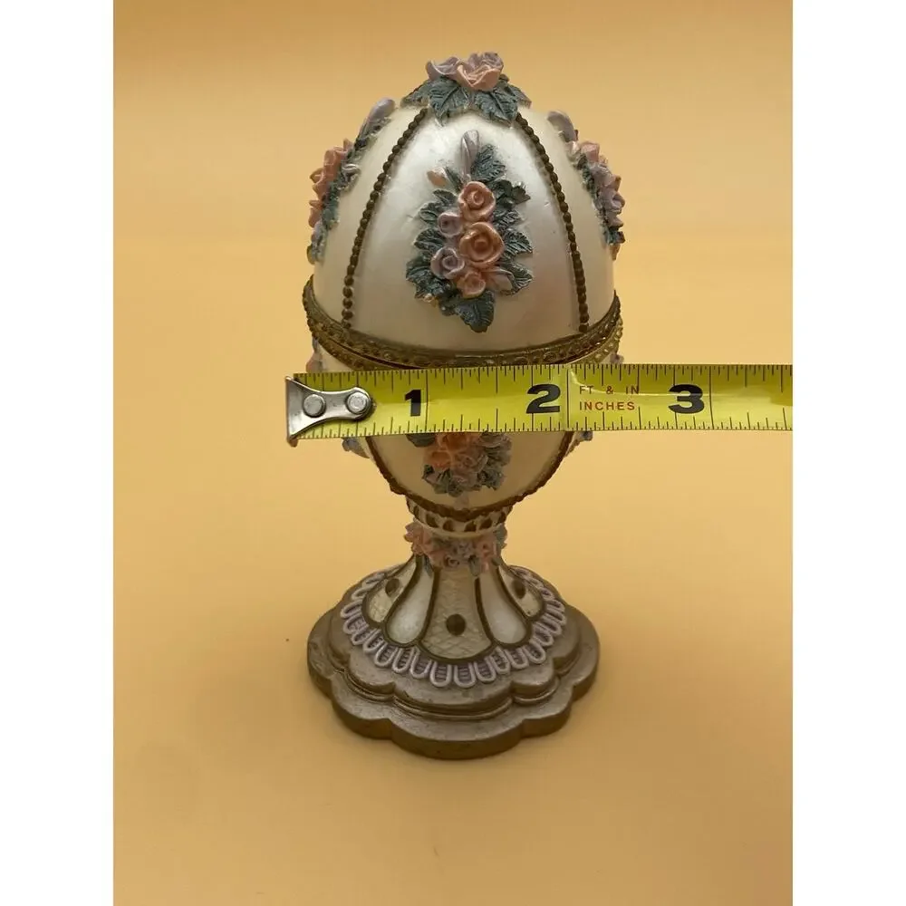 Vintage Egg Shaped Floral Metal Jewelry Box w/ Hinged Lid, Fabric Lined Interior